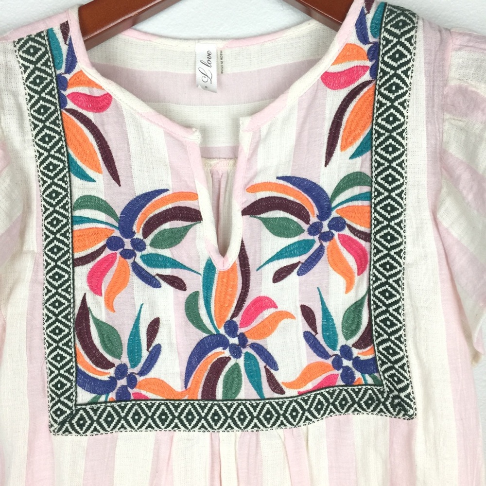 Embroidered Striped Ruffle Sleeve Cotton Blouse Spring Color - Picture 3 of 6
